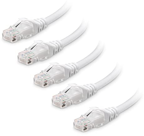 Cable Matters 5-Pack 10Gbps Snagless Cat 6 Ethernet Cable, 0.3m, White | 24 AWG Bare Copper, Gold-Plated RJ45 Contacts, 550MHz, PoE++, Cat6 LAN Cable for Routers, Switches and PCs