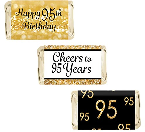 DISTINCTIVS Black and Gold 95th Birthday Mini Candy Bar Wrappers - 42 Stickers, 95th Birthday Decorations