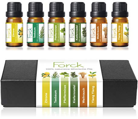 FORCK Ätherische Öle Set, 100% Pur & Naturreines Aromatheraphie Duftöl, 6 x 10 ml (Zitrone, Teebaum, Pfefferminze, Kiefernnadel, Weihrauch, Ylang Ylang)