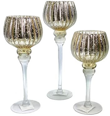 3er Windlicht Set Kelch mit Fuß aus Glas Höhe 30, 35, 40 x Ø13cm (Gold - Rillen Look)
