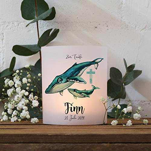 Teelichthüllen zur Taufe 2er 4er Set für Windlichter Teelicht Lichthülle Hülle Wal Fisch mit Kind Kreuz + Wunschname Datum te150 - ausgewählte Menge: *4X Lichthüllen*