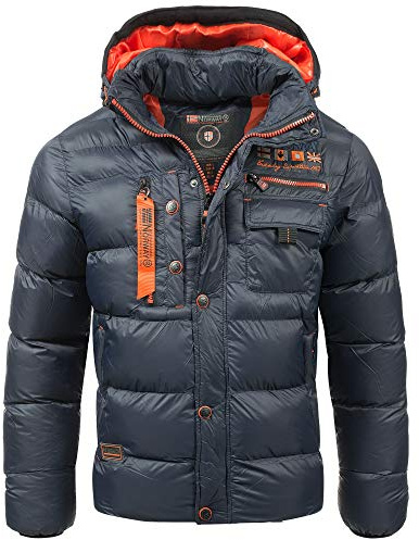 Geographical Norway Chaqueta acolchada de invierno para hombre – Anorak forrada – Chaqueta de exterior para invierno/otoño en paquete con gorro UD, azul marino, XL