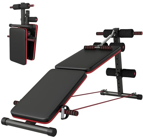 HOMCOM Foldable Sit Up Bench, Adjustable Abdominal Trainer with Resistance Bands, Padded Core Workout Bench for Home Gym Strength Training