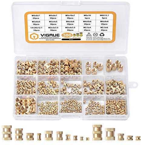 VIGRUE 380Stk Gewindeeinsatz M2 M2.5 M3 M4 M5 M6 Einpressmuttern Messing Gewindebuchsen Innengewinde Rändelmuttern für Kunststoffteile durch Wärme oder Ultraschall in 3D-Drucker Teile+Sortierbox