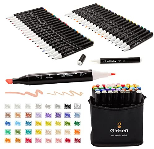 Girben Set A Pennarelli ad Alcool 40 Colori Saturi – Marker Doppia Punta Brush & Chisel, Set Professionale per Disegno, Manga, Illustrazione, Bullet Journal – Idea Regalo Artisti e Creativi