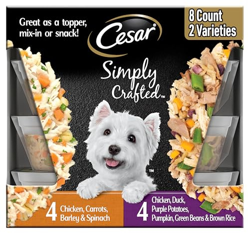 Cesar Simply Crafted Wet Dog Food Toppers for Dry Food, Chicken, Duck, Purple Potatoes, Pumpkin, Green Beans & Brown Rice, and Chicken, Carrots, Barley & Spinach Variety Pack, 1.3 oz Tubs, 8 Count