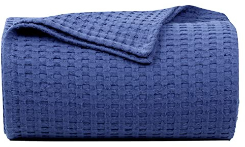 Tex Trend 100% Cotton Blanket Twin XL Size for Bed - Waffle Weave Summer Spring Blanket, Lightweight and Breathable Soft - for All Seasons, Navy Blue, 60x90 Inches