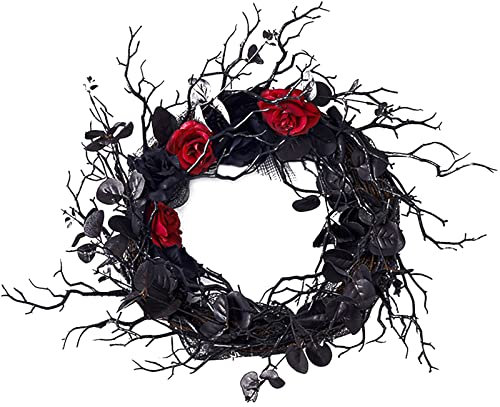 Teahutty 45,7 cm Halloween-Kränze für Haustür, künstliche schwarze Eukalyptusblätter mit roten Rosen, Girlande, Gothic, Tag der Toten, Kranz für Innen- und Außenbereich, Haustür, Wanddekoration