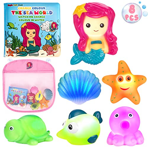 Light Up Bath Toys for Toddlers Kids Girls Baby, No Hole Glow Bath Toys with Bath Book & Organizer, Led Light Bath Time Water Toys for Bath Tubs Bathrooms Pool, Gift for Toddlers Girls Infants