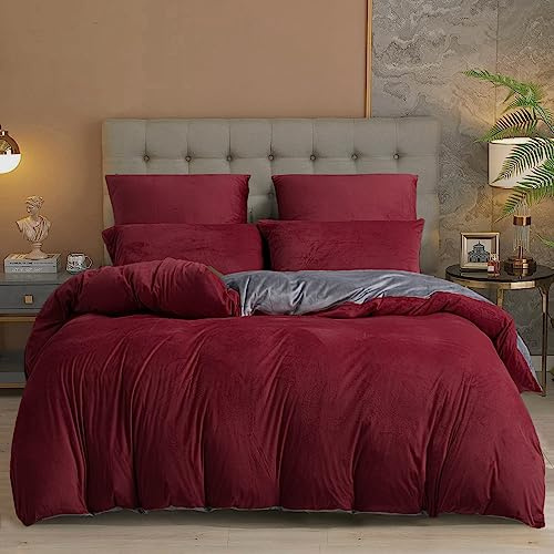 Damier Winter Bettwäsche 155x220 Plüsch Rot Weinrot Grau Uni Einfarbig Cashmere Touch Bettwäsche 3 Teilig Kuschelig Flauschig Fleece Wende Bettwäsche Set mit Reißverschluss und 2 Kissenbezüge 80x80 cm