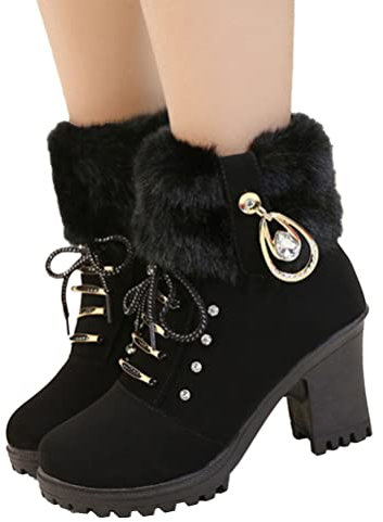 ticticlily Winterstiefel Damen Stiefel Mit Absatz Stiefeletten Warme Gefüttert Frauen Winterboots Schlüpfen Boots PU Elegant Ankle Boots C Schwarz 39 EU