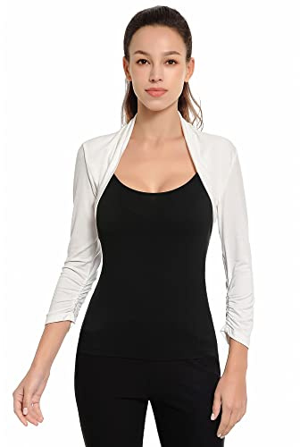AmélieBoutik Women Ruched 3/4 Sleeve Bolero Cropped Cardigan Shrug(White Small)