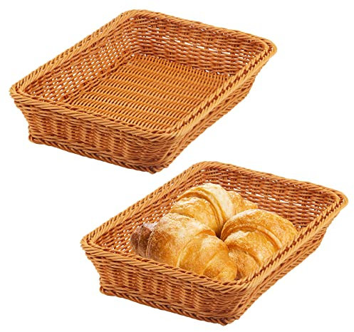MANCHAP 2 PCS 35 x 25 x 7.5cm Rectangular Poly Wicker Basket, Imitation Rattan Fruit Basket Wicker, Woven Bread Serving Basket for Kitchen, Supermarkets