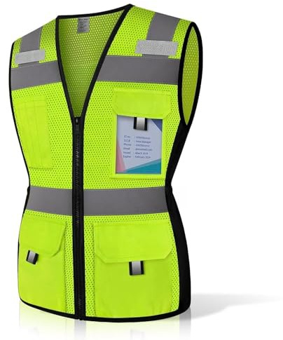 Uno Mejor Womens Safety Vest with 11 Pockets and Zipper, Snug-Fit High Visibility Reflective Vest, Neon Safety Vest for Women Contractors/Surveyors/Workers, Durable, ANSI Compliant, (U-Yellow, XS)