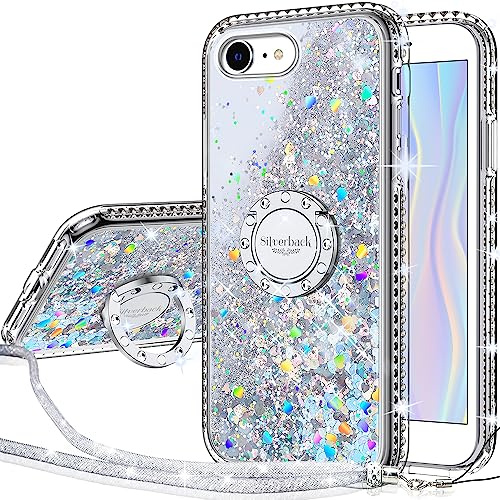 Miss Arts Fodral för iPhone SE 2022, iPhone SE 2020, iPhone 7/8 fodral, med Silverback-ringstativ och glitter, mobiltelefonfodral för flickor i genomskinlig silikon, silver