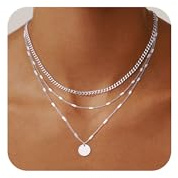 Picuzzy Layered Silver Plated Necklaces for Women, Layering Stacked Stackable Layer Silver Plated Choker Necklaces for Women Trendy Stack Stacking Cuban Link Coin Pendant Chain Necklace Jewelry Set