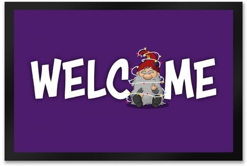 Grimmiger Wichtel Fußmatte XXL in 50x75 cm mit Spruch Welcome in lila EIN bunter Türvorleger für den Hausflur Wichtel Motiv Fußabtreter Türmatte Mittelfinger Weihnachten