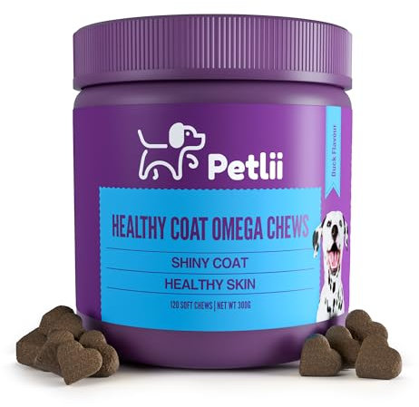 Petlii HEALTHY COAT OMEGA CHEWS - 120 Duck flavour Chews for Skin and Coat health. Omega 3, 6, 9, Biotin, Zinc, Fish Oils and Vitamins to relieve itching, allergies, dryness, patchiness and shedding