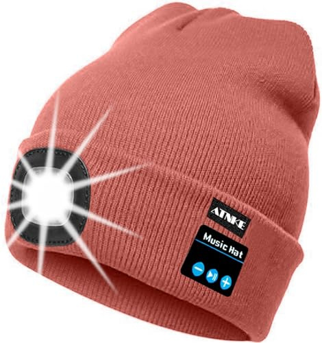 ATNKE LED Bluetooth Bonnet Lumineux, Rechargeable USB Rechargeable Musical Running Chapeau Ultra Lumineux 4 LED Lampe Étanche Utilisation Lumière pour Ski Randonnée Camping Vélo/Bean Paste Powder