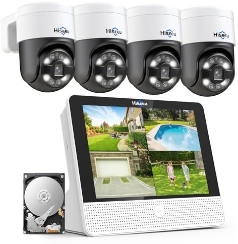 【4K PTZ+12 Moniteur】 Hiseeu 4K PoE Kit Caméra de Surveillance Extérieure Suivi Auto, Kit Vidéo Surveillance avec 8CH NVR 3To e Caméras IP PoE 4X8MP, 30M Vision Nocturne Accès à Distance Alarme 24/7