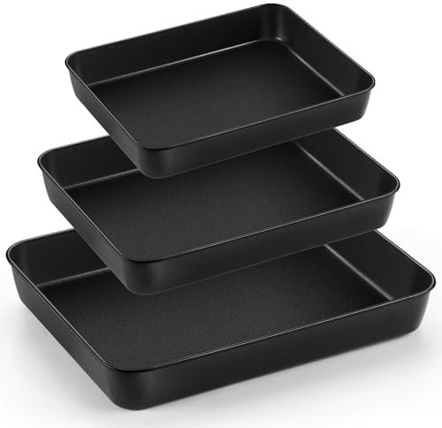 TeamFar Backformen-Set aus Edelstahl, 32,5/26,7/24,9 cm tief, rechteckig, für Lasagne-Kuchen, Brownie-Kasserolle, antihaftbeschichtetes Backformen-Set für Ofen, ungiftig und leicht zu reinigen, 3