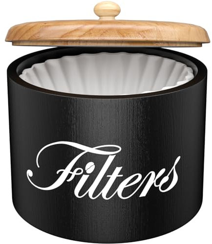 Wooden Coffee Filter Holder with Lid - Round Storage Container for Counter - Rustic Farmhouse Coffee Bar Accessories (Black)