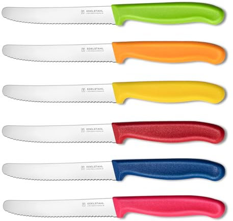 targzier Tomato Knife Colour Set of 6, Sharp Blade Serrated Kitchen Knives,Stainless Steel Utility Knife,Wavy Edge Table/Dinner Knifes,Multicolor Tomato Knives Set,Ergonomic Handle&Dishwasher Safe