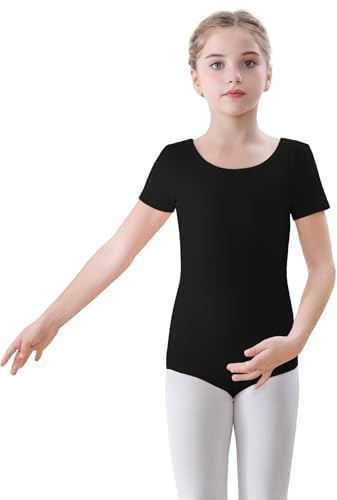 FONLAM Ballettkleidung Turnanzug Mädchen Kurzarm Ballett Trikot Gymnastikanzug Tanzbody Baumwolle Kinder (12-13 Jahre, Schwarz)