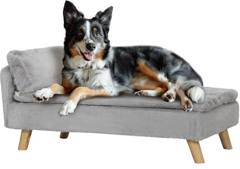 PawHut Hundesofa für mittelgroße Hunde, Hundebett mit abnehmbarem und waschbarem Kissen, Haustiersofa mit Holzbeine, mit Erhöhtem Design, 20 kg, Hellgrau