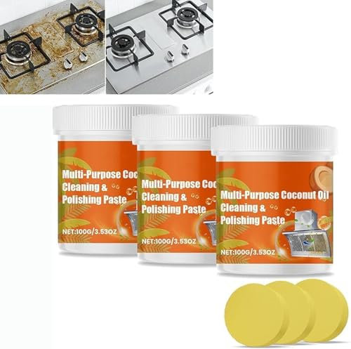 Ismmall Mehrzweck-Kokosöl Reinigungs- & Polierpaste, Kokosöl Reinigungspaste, Küchenreinigungspaste, Leistungsstarker Allzweckreiniger, Edelstahl Kokosöl Reinigungspaste (3 Stück)