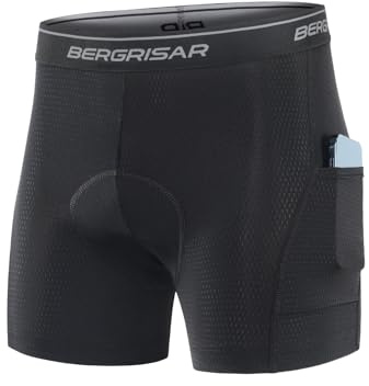 BERGRISAR - Pantalones cortos acolchados para bicicleta 4D para hombre, ropa interior de ciclismo con bolsillos, pantalones cortos para ciclismo y bicicleta