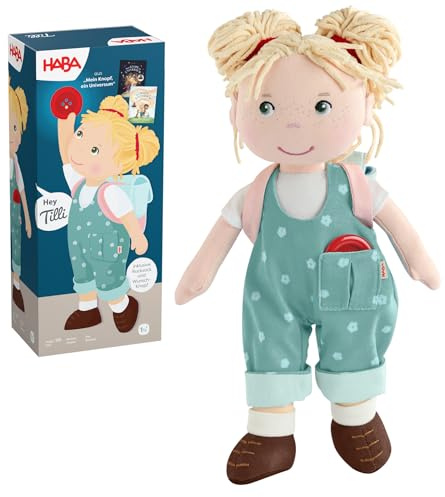 HABA Carmushka Puppe Tilli – 30 cm Stoffpuppe für Kleinkinder – weich, waschbar & leicht anziehbar – ab 18 Monaten – bekannt aus „Mein Knopf, EIN Universum“ – 2013203001