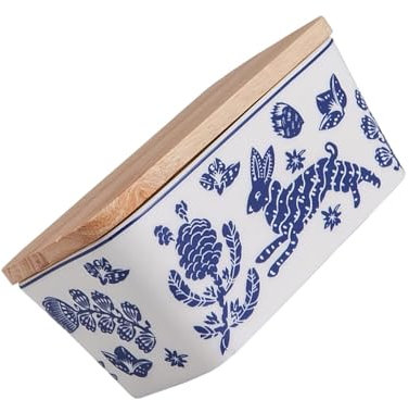 Burriere Portaburro in ceramica a motivi geometrici con coperchio e base in legno Portaburro Contenitore porta formaggio Vassoio for burro Scatole for burro Accessorio da cucina