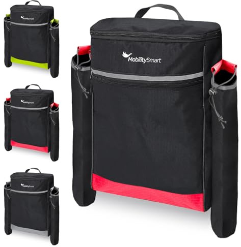 Mobility Smart Mobility Crutch Bag – Waterproof Wheelchair & Mobility Scooter Backpack with Walking Stick Holders – Universal Fit with Reflective Strip – Durable Storage for Crutches (Red)