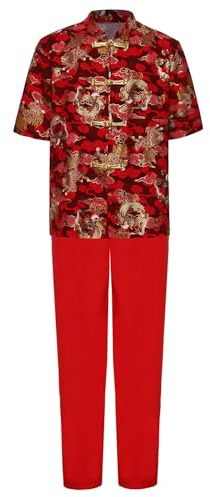 Runhomal Kids Boys Chinese Kung Fu Uniform Dragon Print Tops with Pants Tang Traditional Tai Chi Outfits Red B 11-12 Years