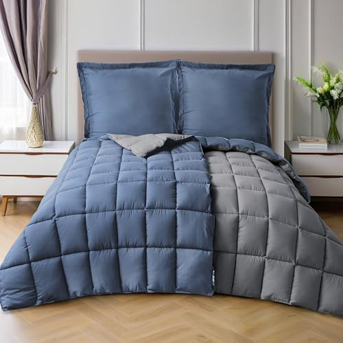 HIG Bettdecken-Set 4-teilig mit 2X Steppdecke 135x200 cm und 2X Kissenbezügen 80x80 cm – Oeko-TEX zertifizierte, kastenförmig genähte Daunenalternative in Blau, mit 1300g Füllung (300 GSM)