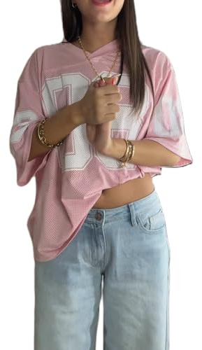 Cusghjbsg Damen-Basketball-T-Shirt, Sommer, kurzärmelig, V-Ausschnitt, Zahlendruck, lockeres Oberteil, übergroßes Jersey, Baggy-Pullover, Shirt, Streetwear
