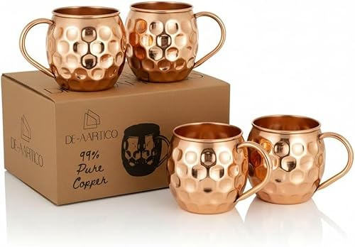 Moscow Mule Mugs Set of 4-100% Pure Copper, 16oz Large, Food Safe Solid Copper Mugs, Premium Moscow Mule Cocktail Gift Set for Cocktail Lovers, Home Bar, Party, and Entertaining