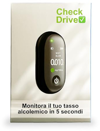 CheckDrive Etilometro Portatile Certificato – Alcol Test Digitale ad Alta Precisione, Sensore Evoluto, Risultato in 5 Secondi, USB-C, Avviso Vocale ITA/ENG, Allarme LED, Compatto e Facile da Usare