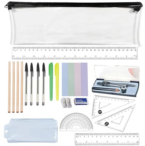 20 PCS School Stationery Set with 4 Pencils, 4 Pens, 2 Highlighters, Eraser, Sharpener, Geometry Kit with Compass, Pencil Case & Post Notes, Back to School & Exam Essentials Set, for GCSE, A-Level