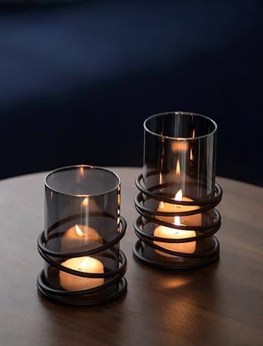 Sziqiqi Windlicht Kerzenständer Schwarz mit Rauchglas: Modern Kerzenständer Stumpenkerzen mit Windlicht Glas für Tischdeko - 2er Set Kerzenhalter Metall mit Glaszylinder für Outdoor Wohnzimmer Deko