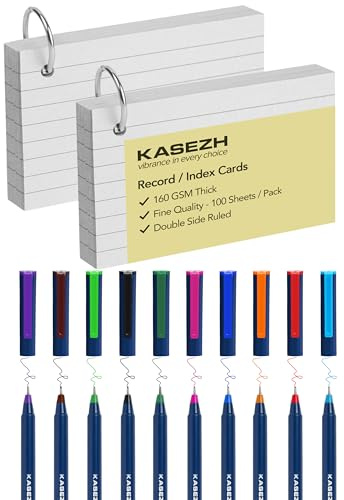 Kasezh 2 Pack(200sheets 160 GSM-Thick Premium) White Ruled Record Cards with 10 Fineliner Pens, 2 Binder Rings – White Double Side Ruled Flashcards (5x3”) for Projects.