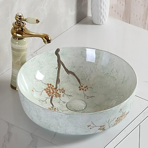 Lavandino da Appoggio Rotondo per Bagno, Lavabo da Giardino in Ceramica Dipinta a Mano, Lavandini da Bagno da 41,5 cm con Rubinetto Dorato