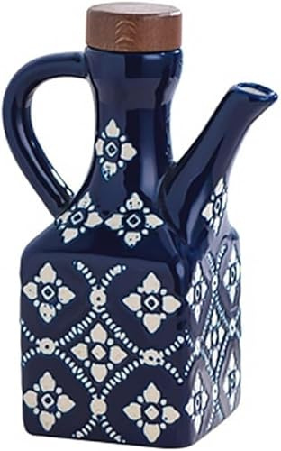 CASOME Bouteille Distributrice D'huile En Céramique – Huilier De 250 Ml Avec Bouchon Et Poignée En Bois – Bouteille Décorative Pour Huile D'olive, Vinaigre Et Huiles De Cuisson(Blue)