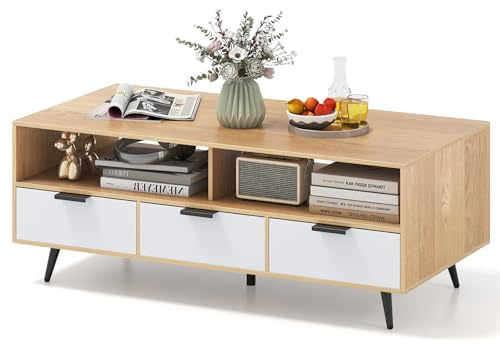 COSTWAY Coffee Table, 120cm Wooden Cocktail Center Table Unit with 3 Drawers, 2 Open Storage Shelves and 5 Metal Legs, Modern Farmhouse Rectangle Accent Sofa Side Tea Tables for Living Room Office
