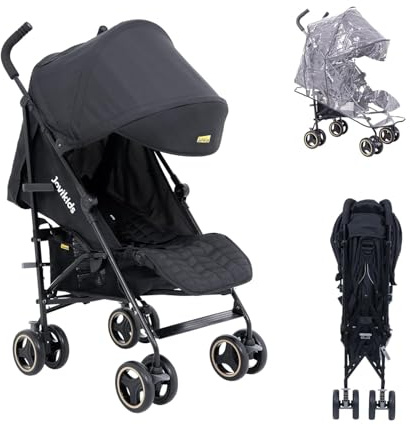 Jovikids Kinderwagen, Buggy Klein Zusammenklappbar mit Liegefunktion, Klappbar Reisebuggy bis 22kg Inkl. Sonnenverdeck, Regenverdeck und Getränkehalter (Grau) (Schwarz)