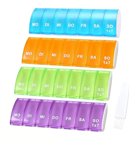 4 Stück Tablettenbox 7 Tage – Wiederverwendbare Pillendose mit 7 Fächern, feuchtigkeitsbeständig & kompakt in Grün/Blau/Lila/Orange, inkl. weißer Reinigungsbürste
