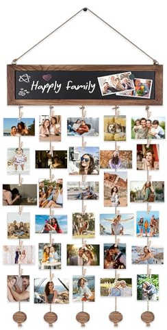 Shalwinn Fotovorhang Bilderrahmen Collage Holz, Diy Fotowand Aufhängen für mehrere Bilder, Kunstwerk hängende Fotorahmen mit 30 Holzklammern für Wanddekoration