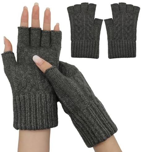 Gants sans Doigt, Mitaines Tricotées sans Doigts, Mitaines Homme Femmes, Gris Foncé, Taille Unique