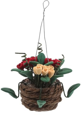 HOOTNEE 12 Scale Dollhouse Hanging Basket Miniature Woven Flower Pot with Artificial Plants, Mini Decorative Basket Accessory for Dollhouse Garden and Desk Display